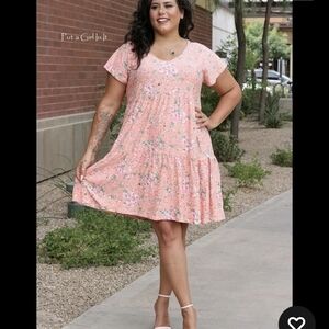 Coral Pink Floral Tiered Short-Sleeve Dress